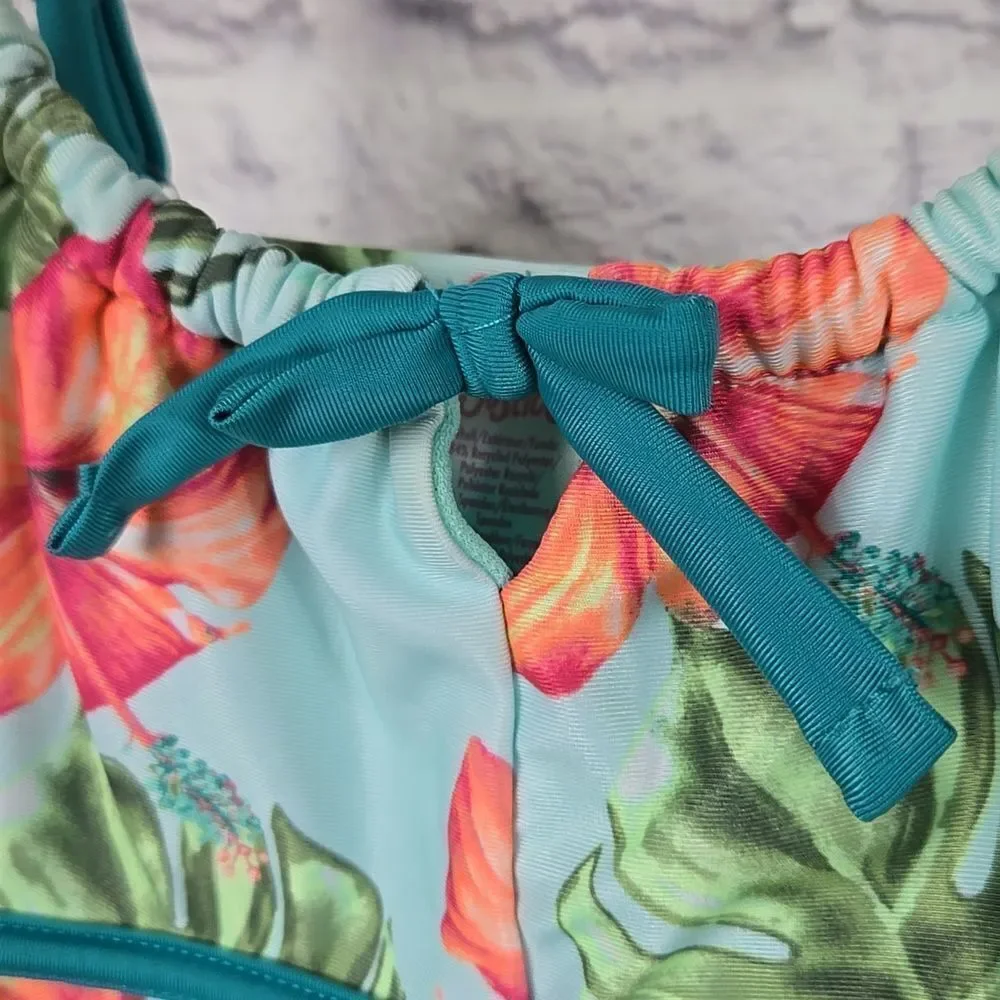 Tropical Hibiscus Tankini Girls M 10 Justice Ruffle 2pc Swimsuit Teal Floral